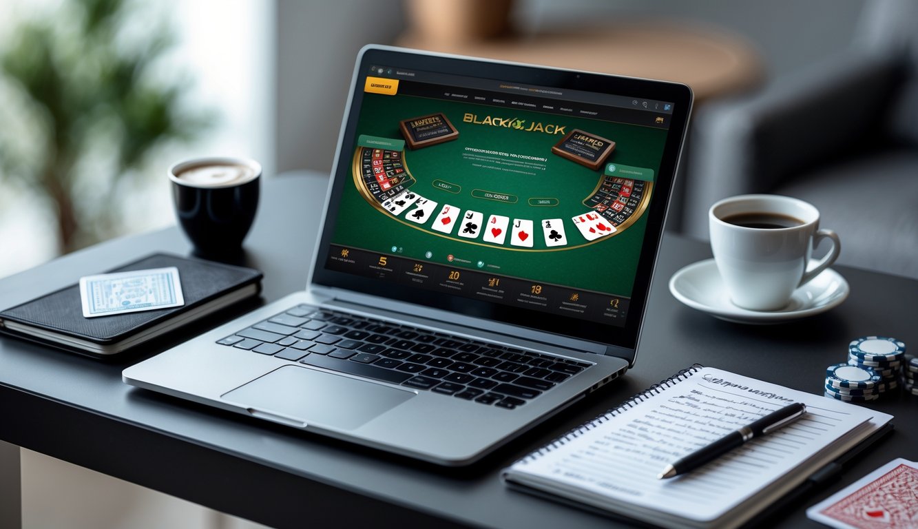 Seorang pemain sedang belajar strategi blackjack online dengan laptop, catatan, dan kartu di meja.