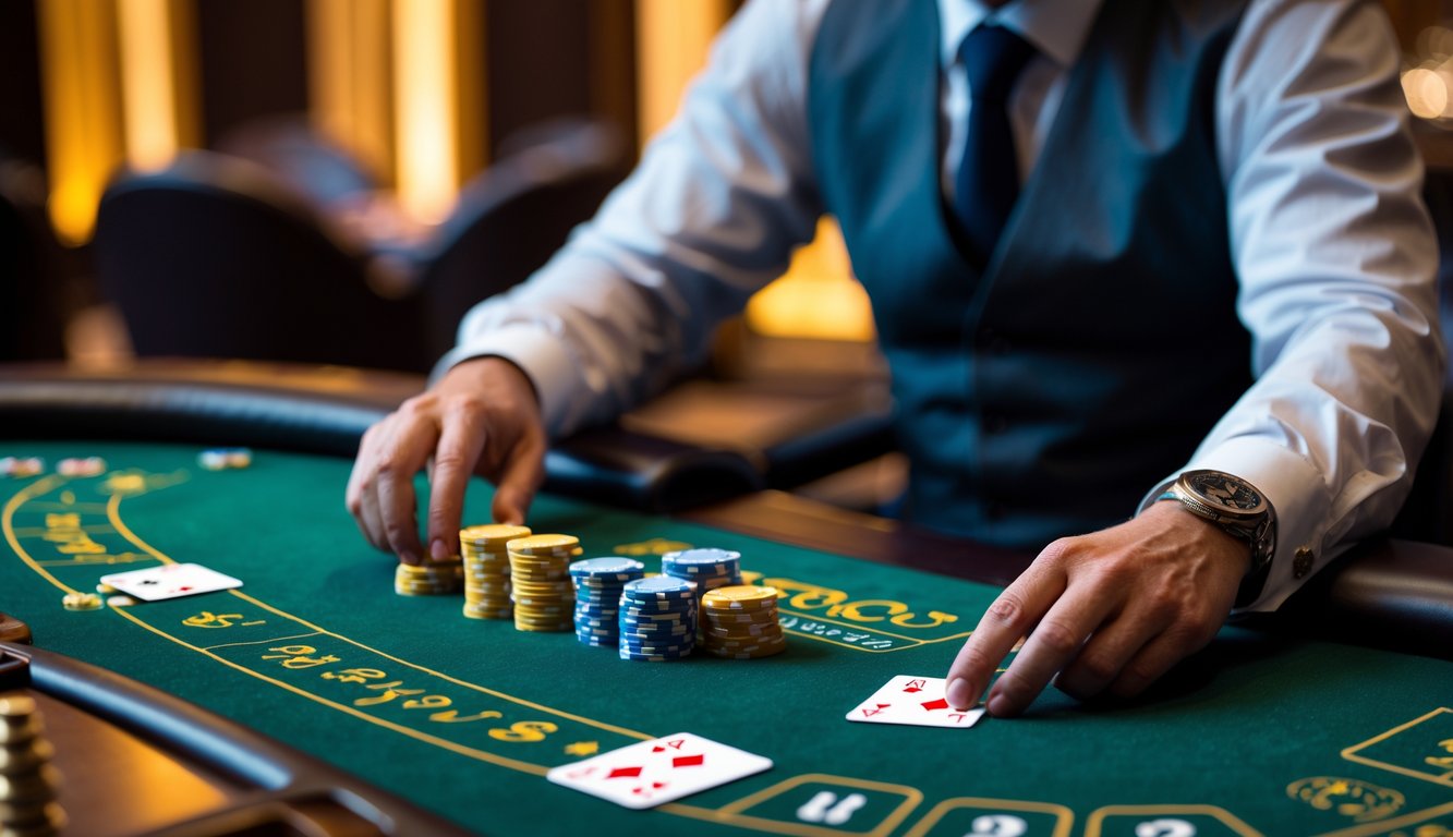 Seorang pemain blackjack berpengalaman sedang duduk di meja kasino dengan kartu dan chip, fokus mengatur permainan.