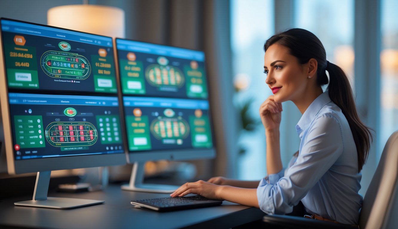 Seorang wanita muda duduk di depan beberapa layar komputer yang menampilkan meja blackjack online, tampak fokus dan menganalisis pergerakan dealer.