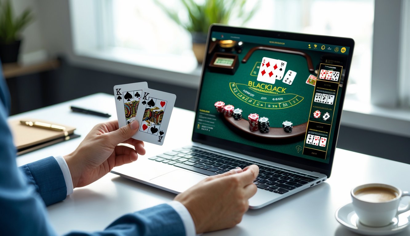 Tangan seseorang memegang kartu bermain di depan laptop yang menampilkan permainan blackjack online dengan tumpukan chip di meja.