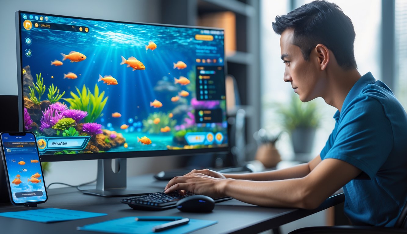 Seorang pemain fokus menggunakan komputer untuk bermain permainan tembak ikan online dengan layar menampilkan ikan berwarna-warni di bawah laut.