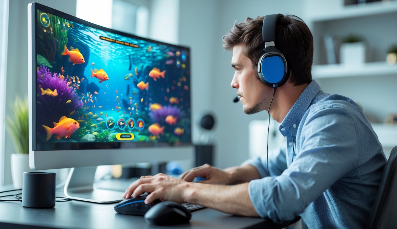 Seorang pria muda duduk di meja modern sambil bermain game tembak ikan online dengan fokus pada layar komputer.