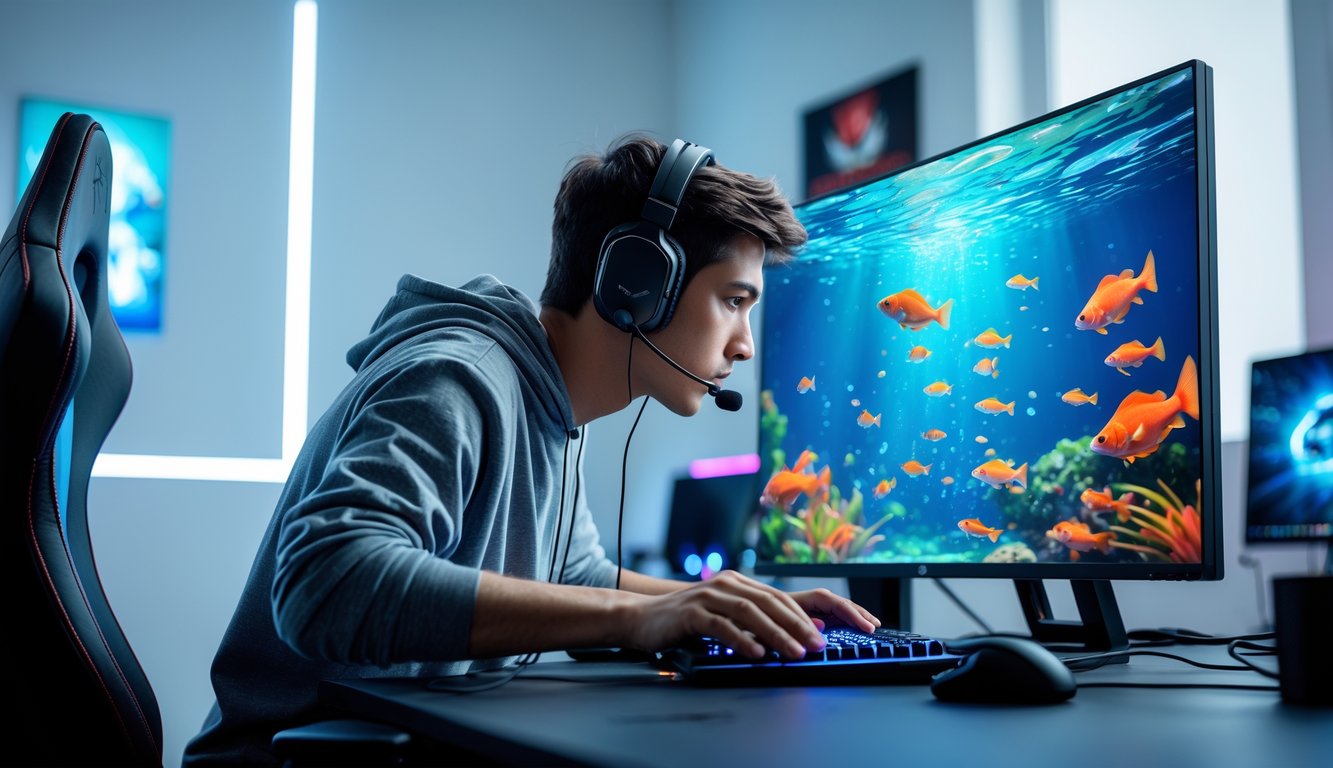 Seorang pemain muda sedang fokus bermain permainan tembak ikan online di depan monitor komputer dengan latar ruangan yang rapi dan pencahayaan baik.