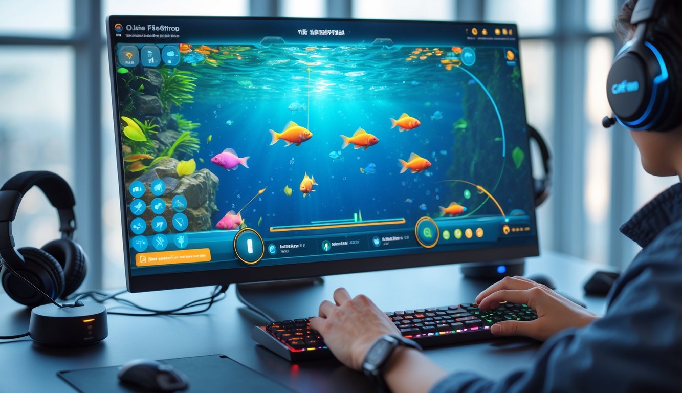 Tampilan layar komputer dengan permainan tembak ikan online dan tangan pemain yang mengoperasikan kontrol permainan.