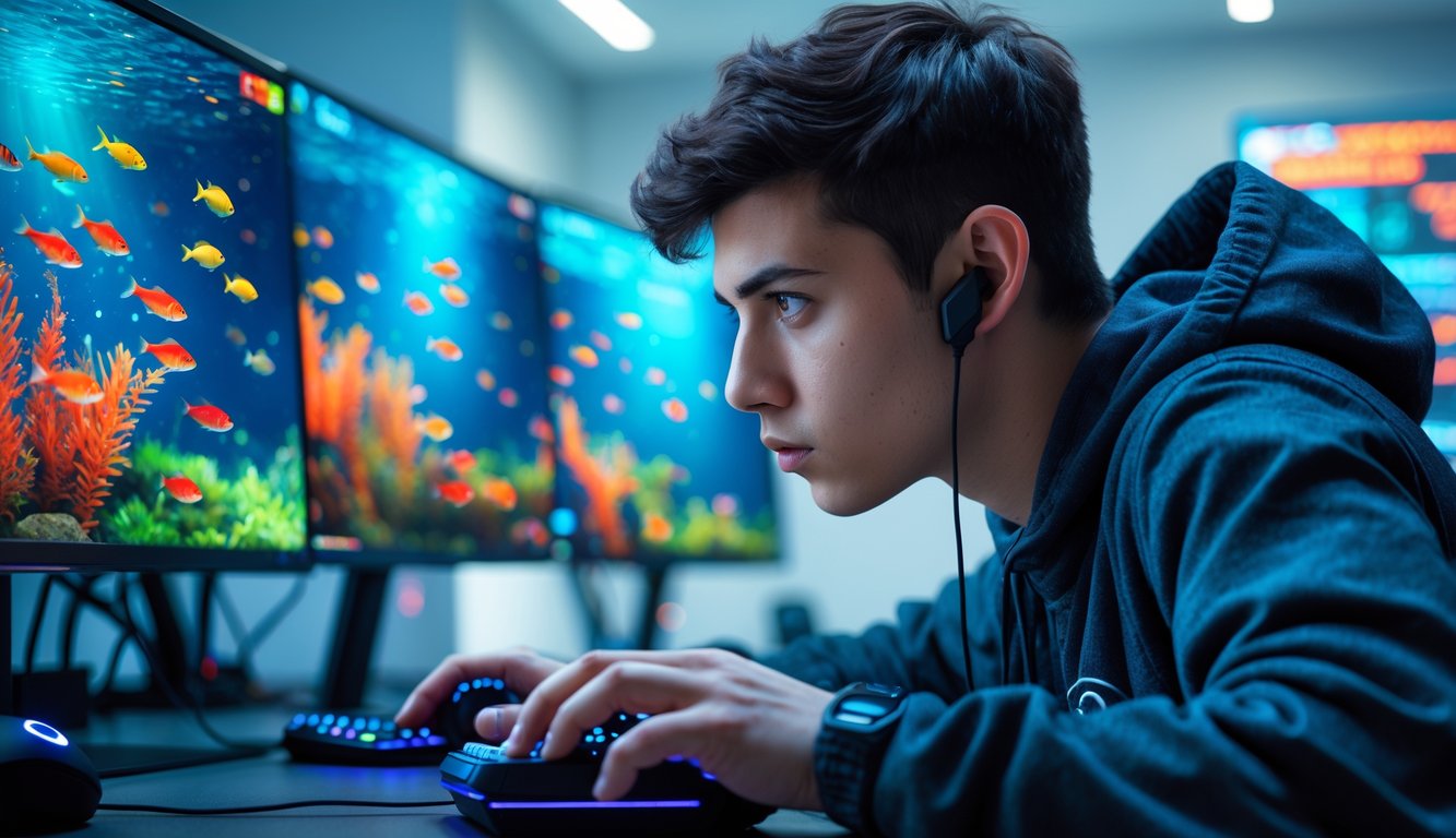 Seorang pemain muda fokus bermain game tembak ikan online dengan layar komputer menampilkan ikan berwarna-warni berenang.