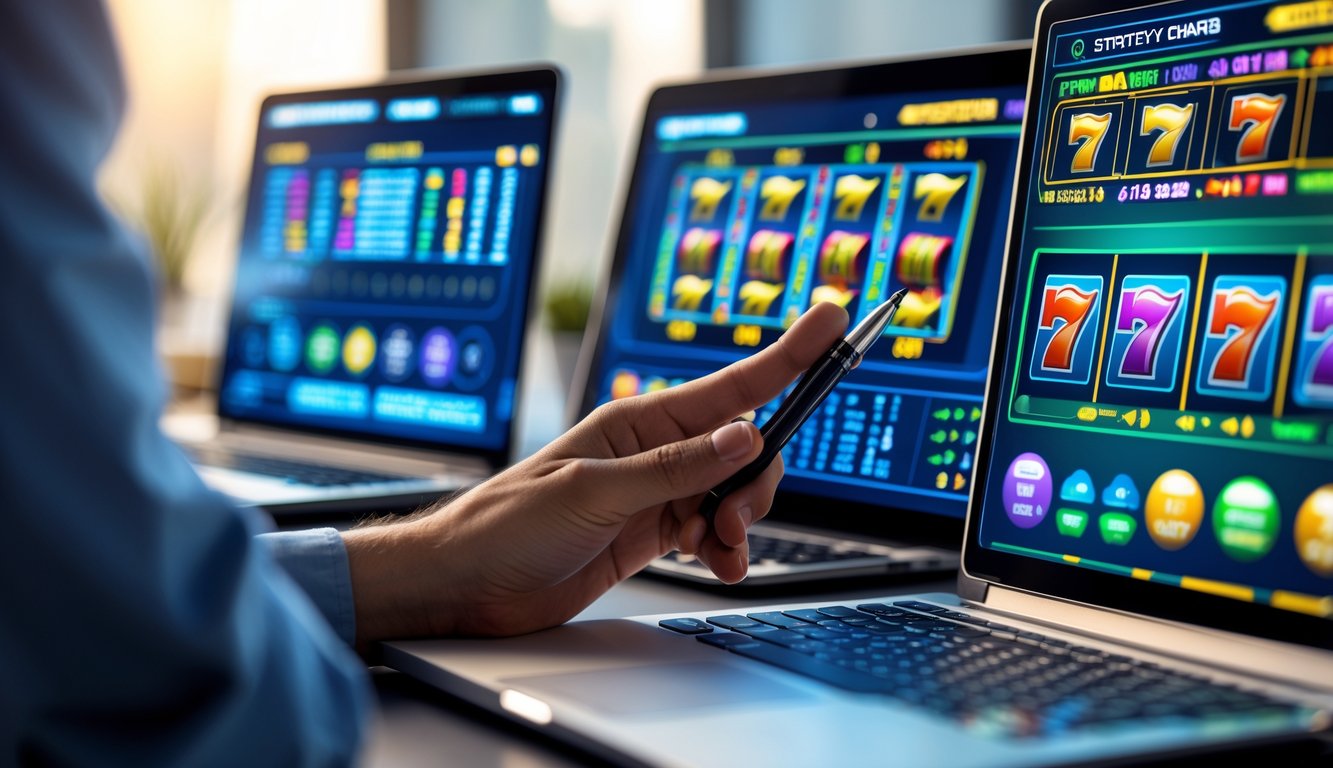 Seseorang sedang menganalisis layar komputer dengan tampilan mesin slot dan grafik pola di ruang kerja modern.