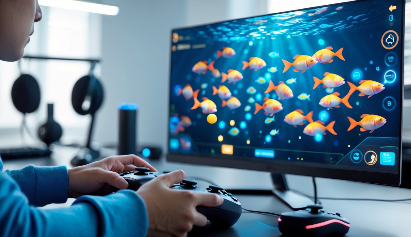 Seorang pemain sedang fokus bermain game tembak ikan online dengan layar komputer yang menampilkan ikan berwarna-warni bergerak.