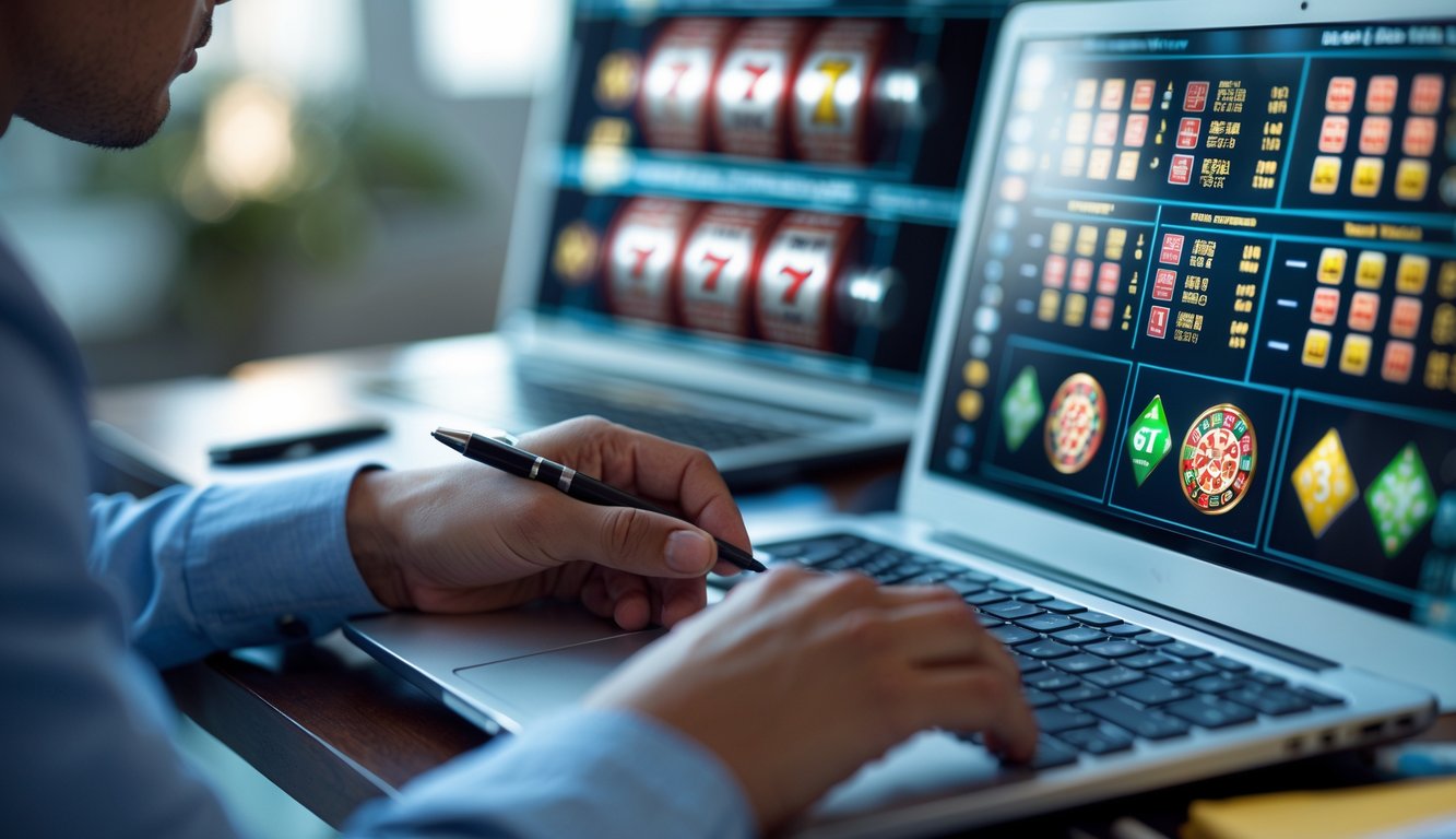 Seseorang sedang mengamati pola mesin slot di layar komputer dengan serius di sebuah ruang kerja modern.