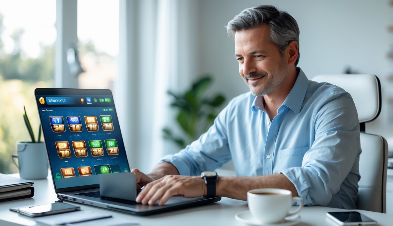 Seorang pria dewasa duduk di meja dengan laptop yang menampilkan permainan slot online, tampak fokus dan tenang di ruang kerja rumah yang terang.