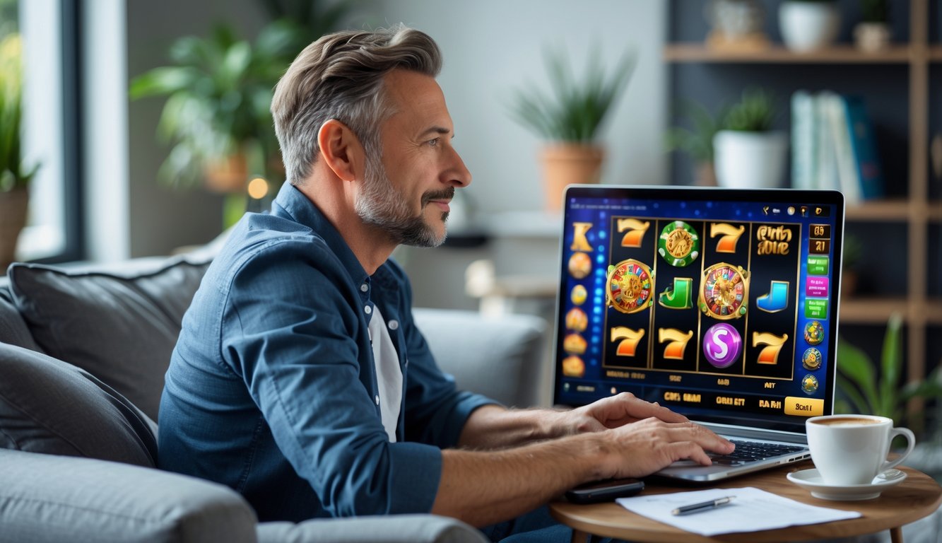 Seorang pria dewasa duduk di ruang tamu modern menggunakan laptop dengan permainan slot online di layar, tampak fokus dan percaya diri.