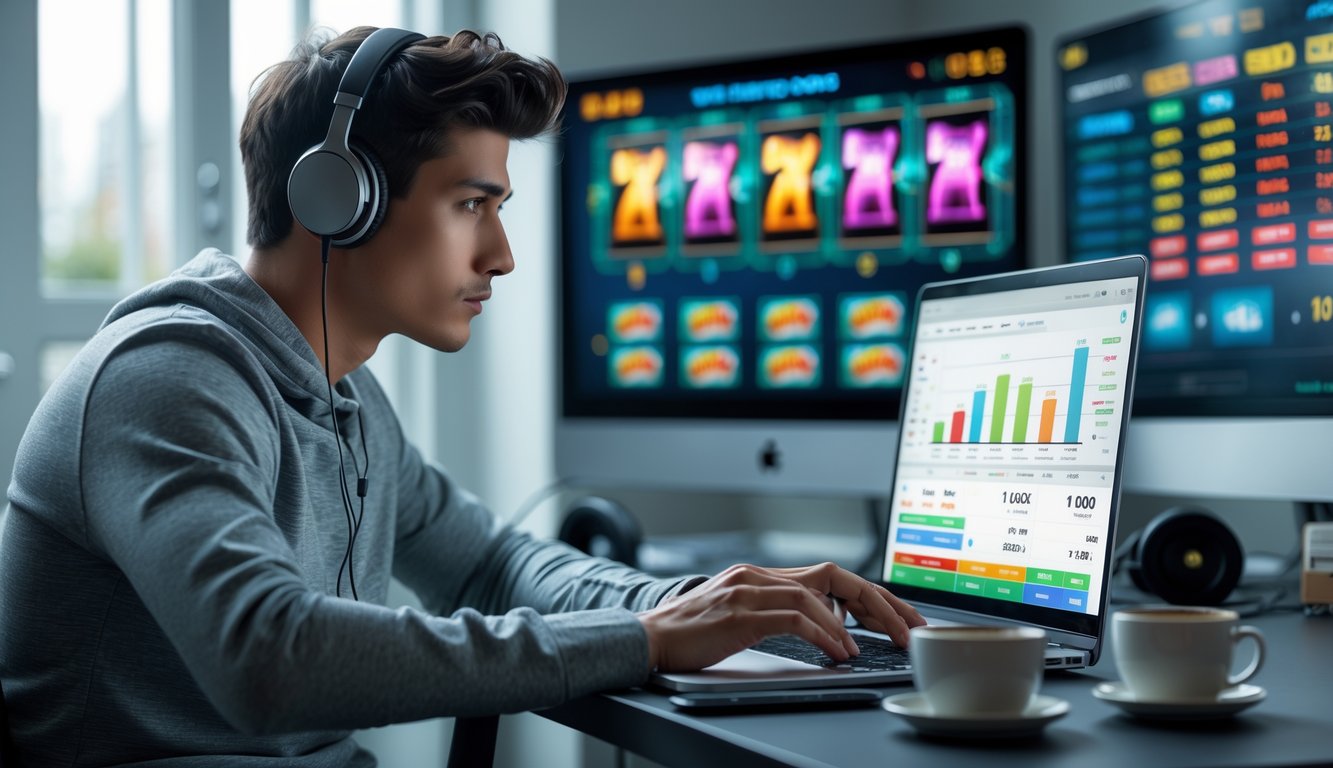 Seseorang duduk di meja dengan laptop, memeriksa data dan ikon permainan slot online di layar.