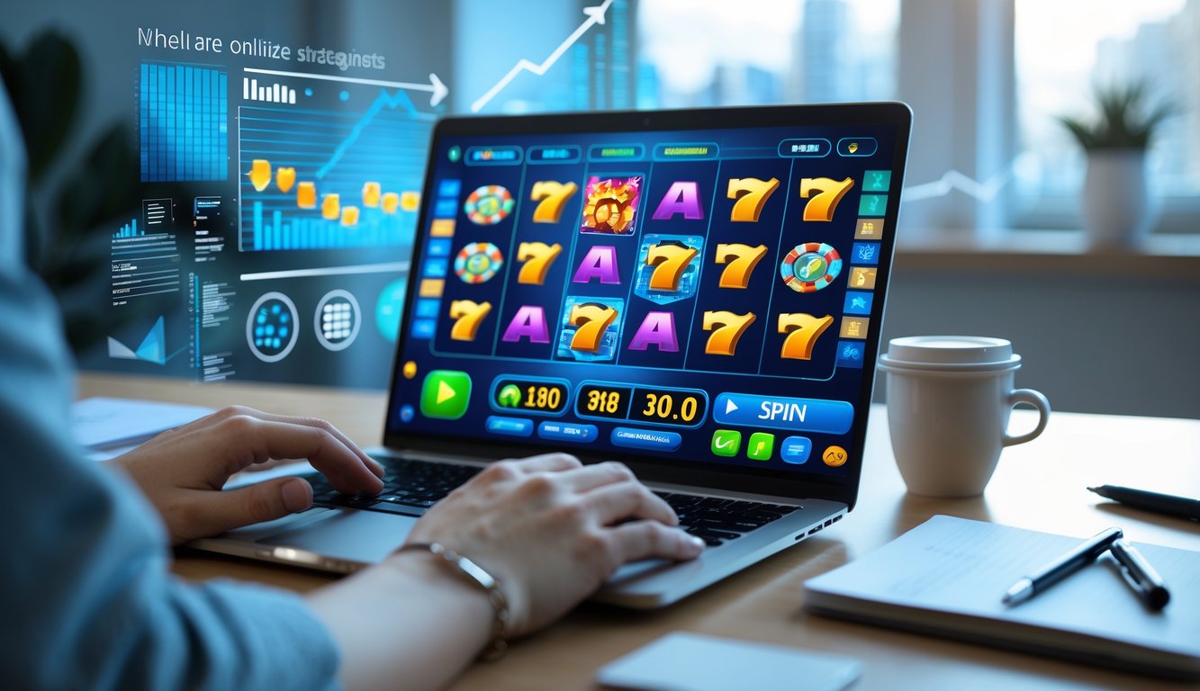 Tangan seseorang menggunakan laptop dengan tampilan permainan slot online dan elemen grafik strategi di sekitar meja kerja.
