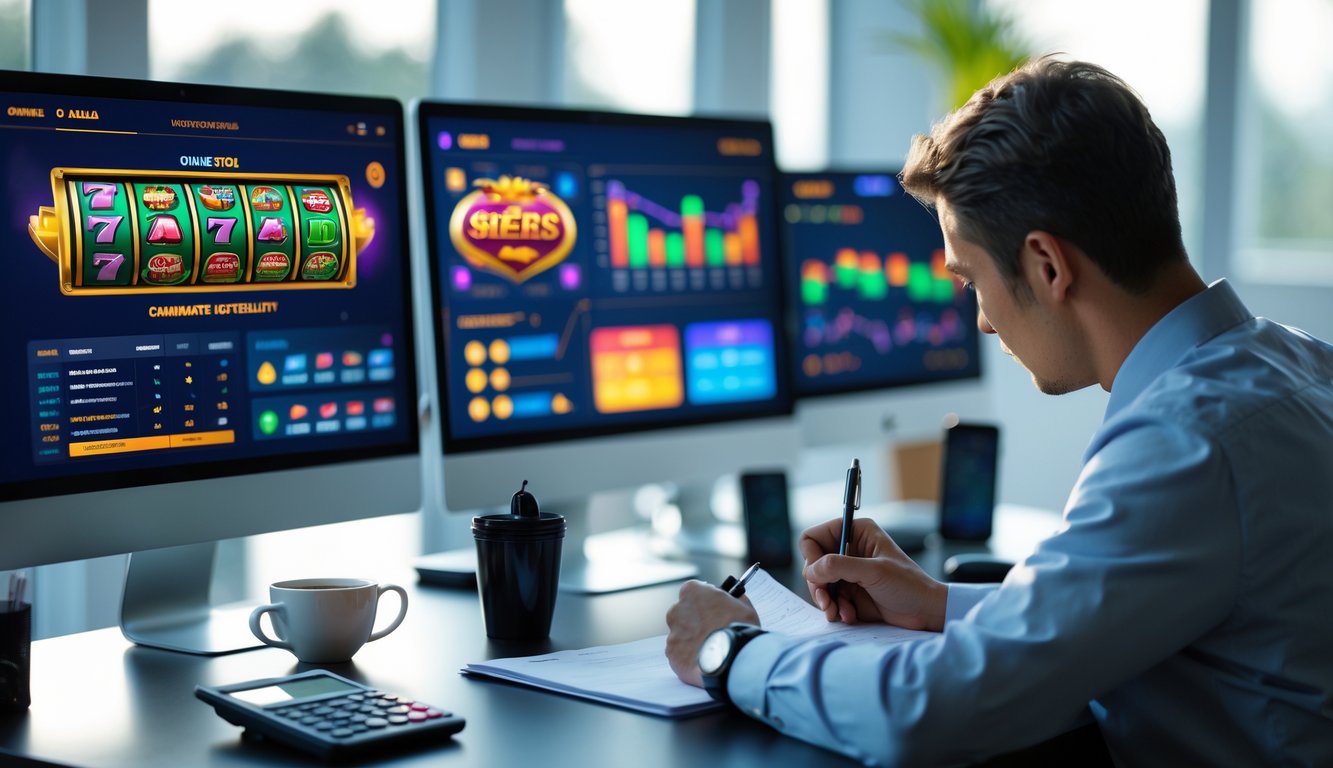 Seorang pria sedang menganalisis data permainan slot online di depan beberapa layar komputer di sebuah meja kerja modern.