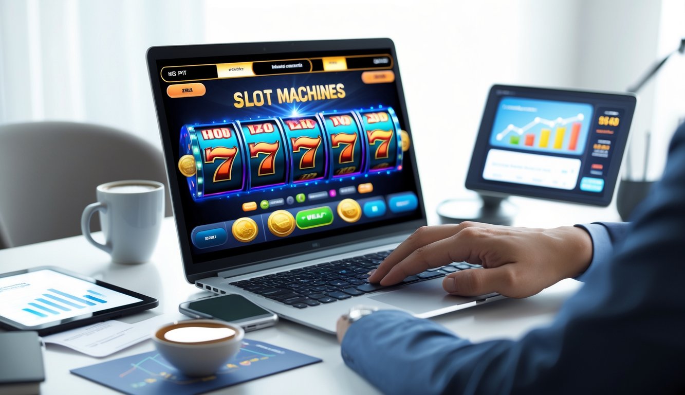 Seorang pria sedang menggunakan laptop dengan tampilan permainan mesin slot online di layar, di meja terdapat grafik dan dokumen yang menunjukkan analisis performa.
