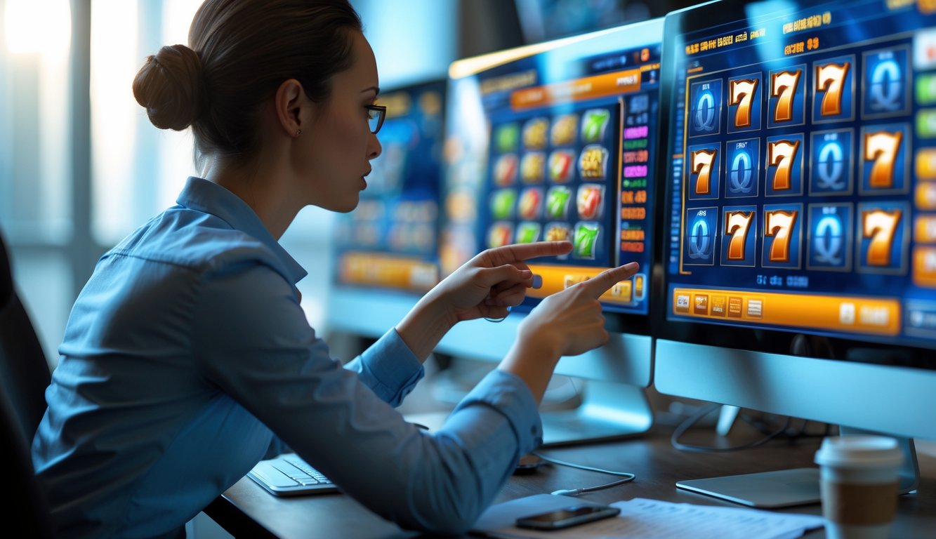 Seseorang sedang menganalisis pola permainan slot online di depan komputer dengan beberapa layar yang menampilkan grafik dan permainan slot.