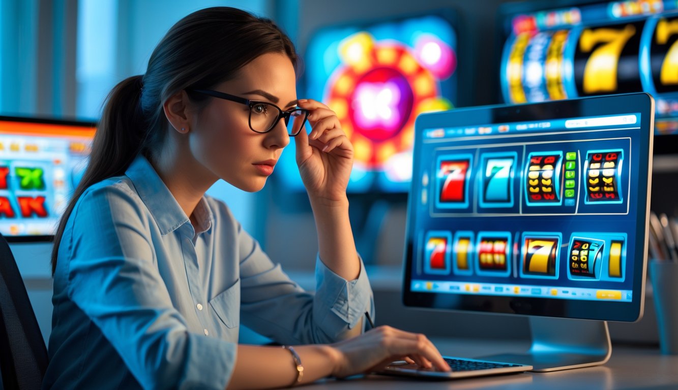 Seorang wanita muda sedang duduk di meja dengan laptop dan monitor yang menampilkan permainan slot online, terlihat fokus dan sedang merencanakan strategi.