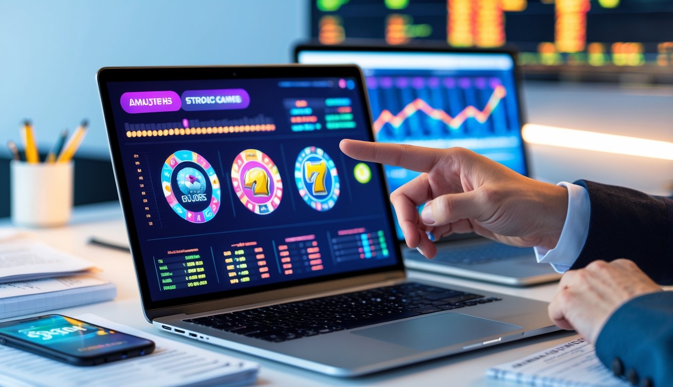 Sebuah meja kerja modern dengan laptop yang menampilkan grafik permainan slot dan data statistik, tangan menunjuk layar laptop, menunjukkan suasana analisis permainan slot online.