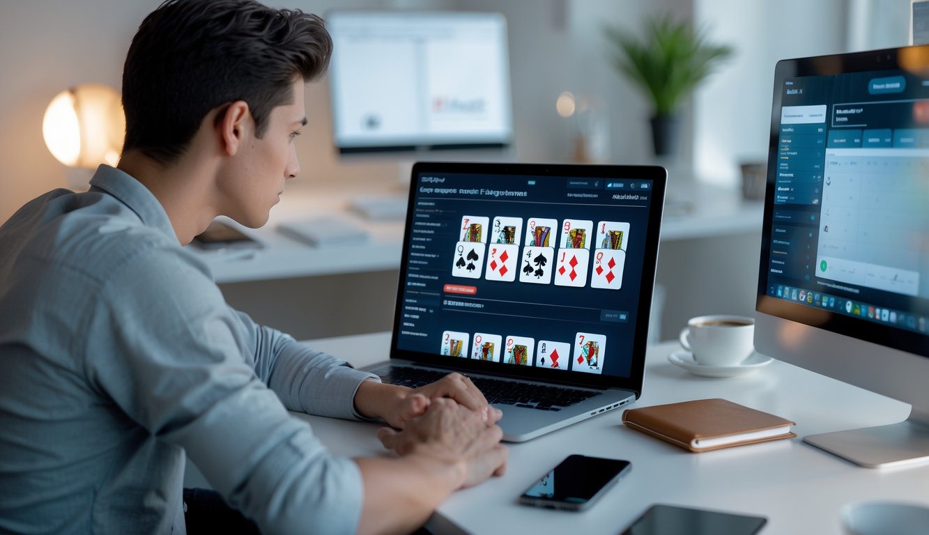 Seorang dewasa muda duduk di meja dengan laptop terbuka menampilkan permainan kartu digital, fokus menganalisis kartu di layar di ruang kerja rumah yang rapi.