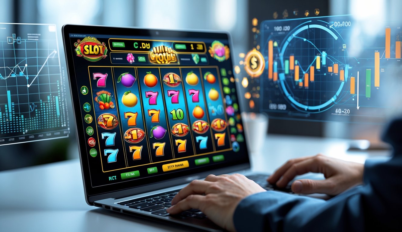 Seseorang menggunakan komputer dengan layar menampilkan permainan slot online dan grafik pola serta data di sekitarnya.