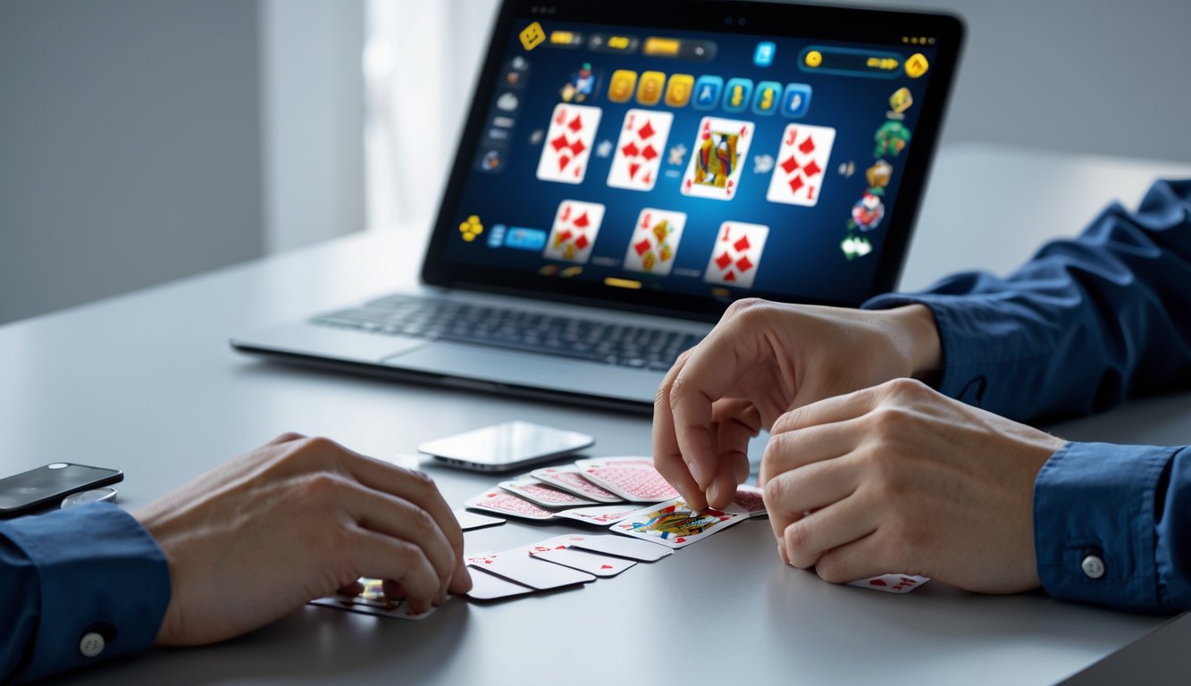 Tangan seseorang sedang mengatur dan menganalisis kombinasi kartu di meja dengan layar perangkat menampilkan permainan Ceme online.
