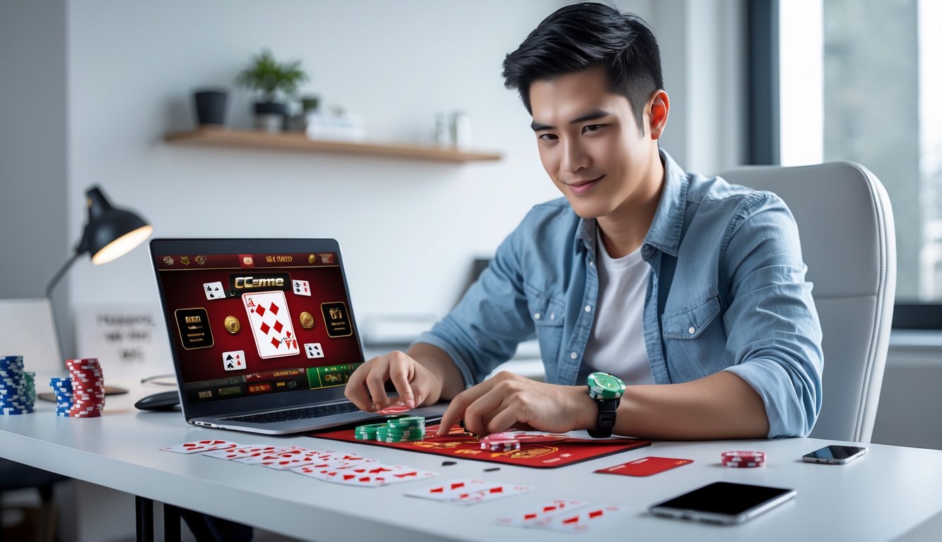 Seorang pria muda duduk di depan laptop sambil bermain permainan kartu online di ruang kerja yang rapi.