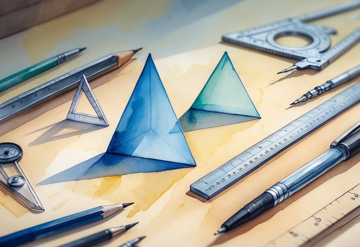 Skup tehničkog pribora za crtanje na drvenom stolu, uključujući pravokutne trokute i druge alate za crtanje.