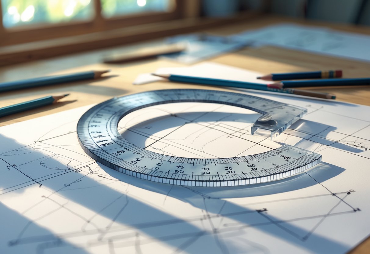 Kutomer za mjerenje kutova postavljen na radni stol s tehničkim crtačkim priborom.