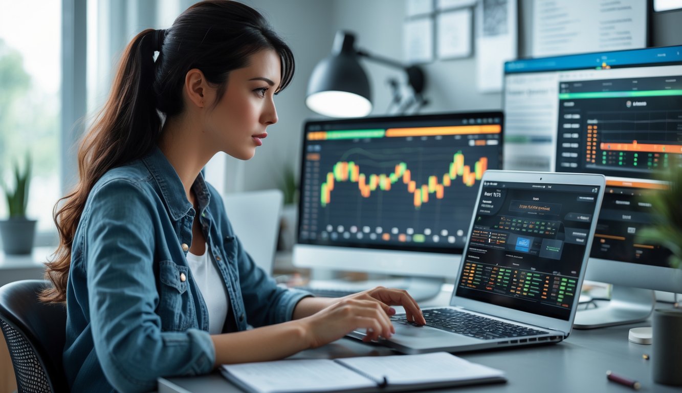 Seorang wanita muda duduk di depan laptop, fokus menganalisis pola permainan kartu online dengan layar komputer menampilkan grafik dan antarmuka permainan.