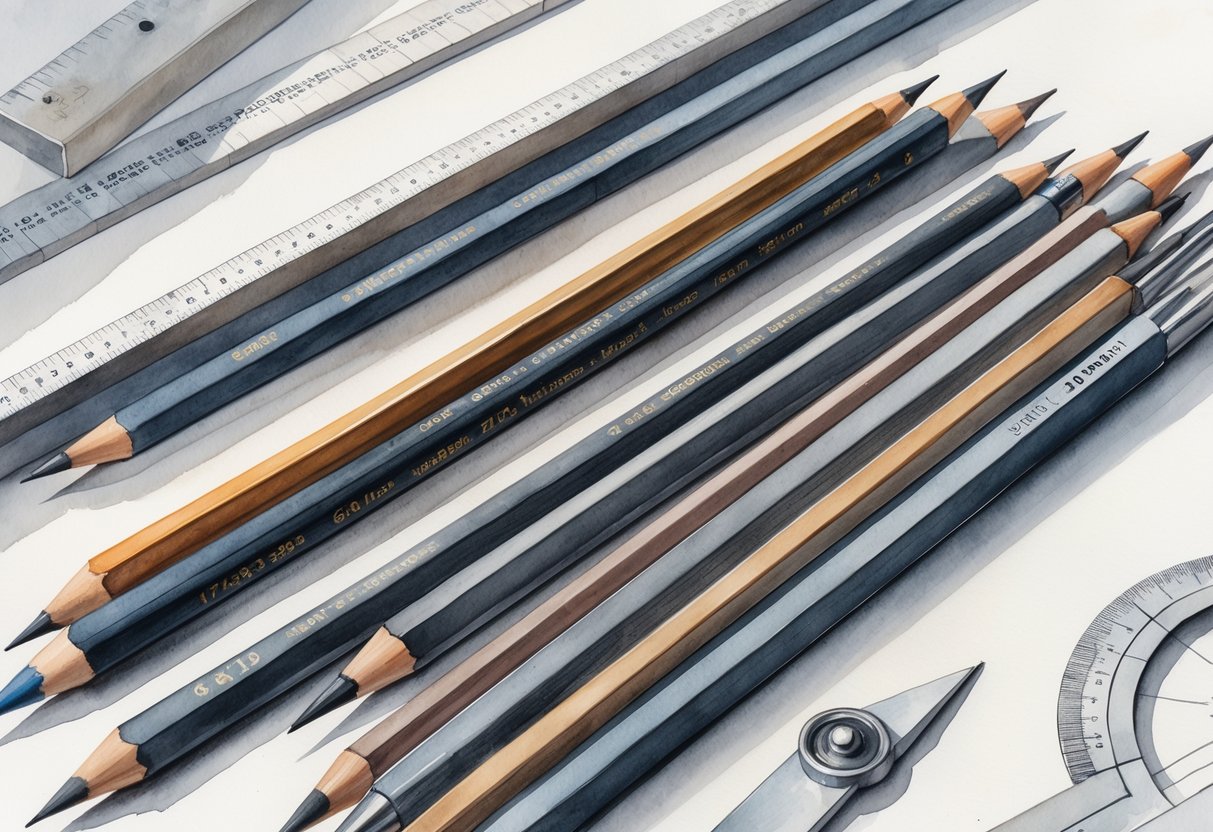 Različite grafitne olovke i pribor za tehničko crtanje raspoređeni na stolu.