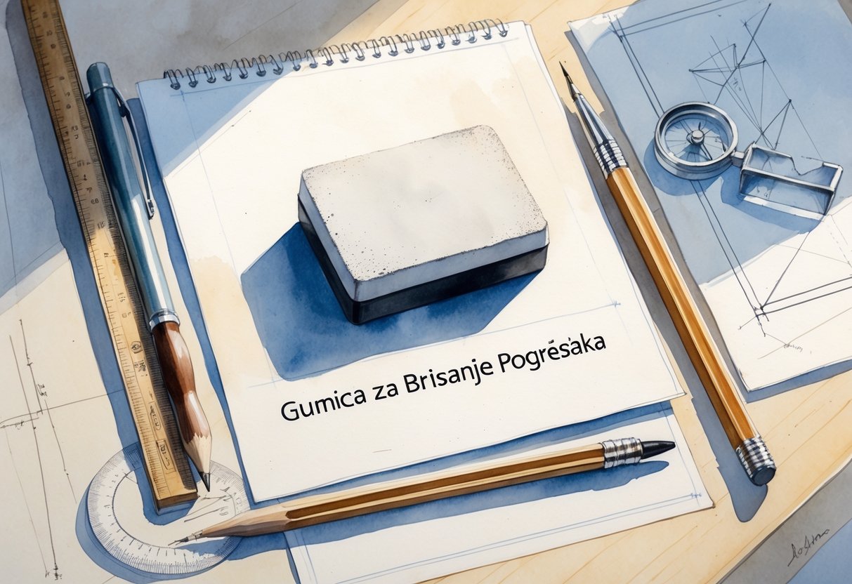 Na stolu su uredno posloženi pribor za tehničko crtanje, uključujući gumicu, tehničku olovku, lenjir, šestilo i papir s geometrijskim skicama.