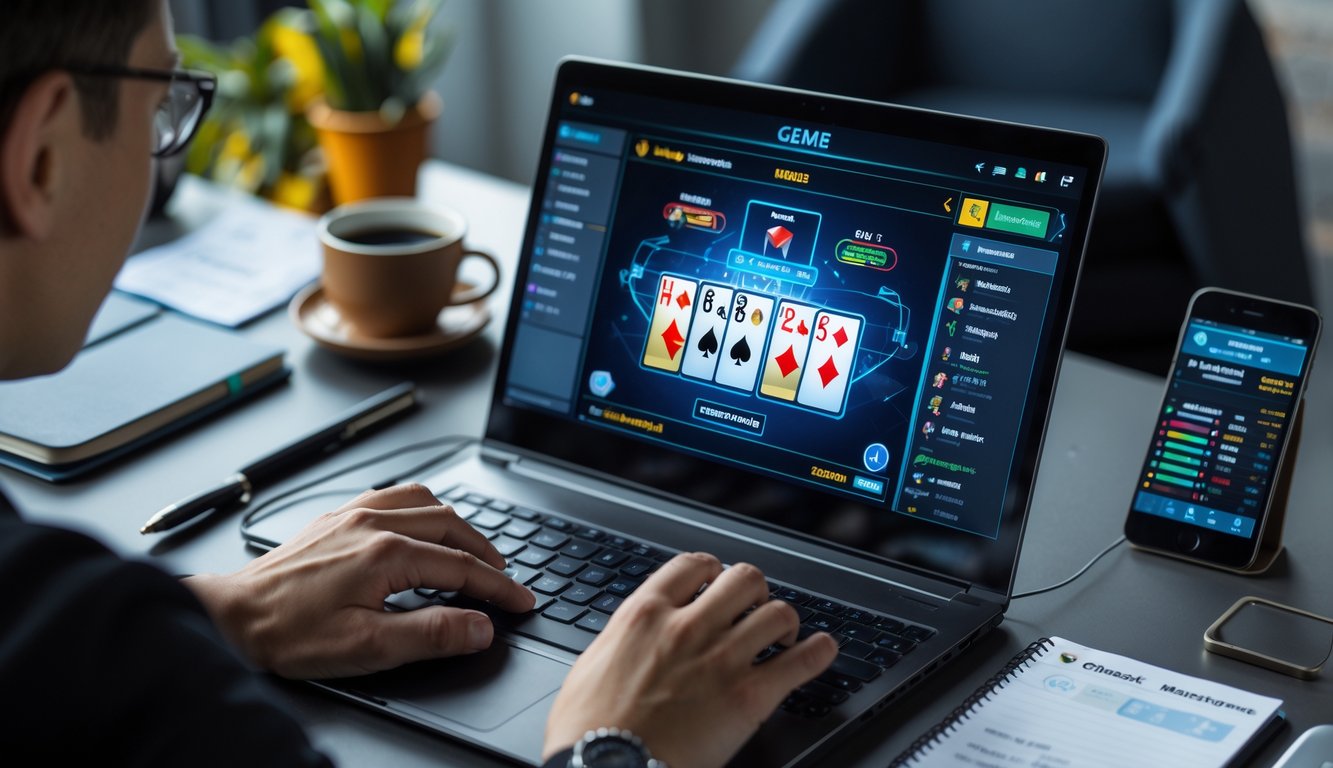 Seseorang sedang menggunakan laptop dengan tampilan permainan kartu online dan catatan strategi di meja kerja.