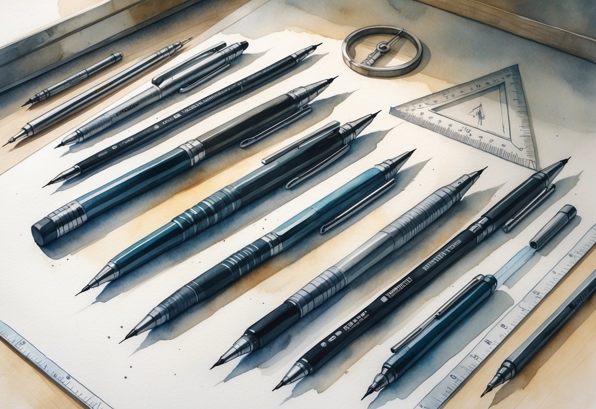 Razni tehnički crtaći pribor raspoređen na stolu, uključujući tehničke tuševe, lenjire i šestar.