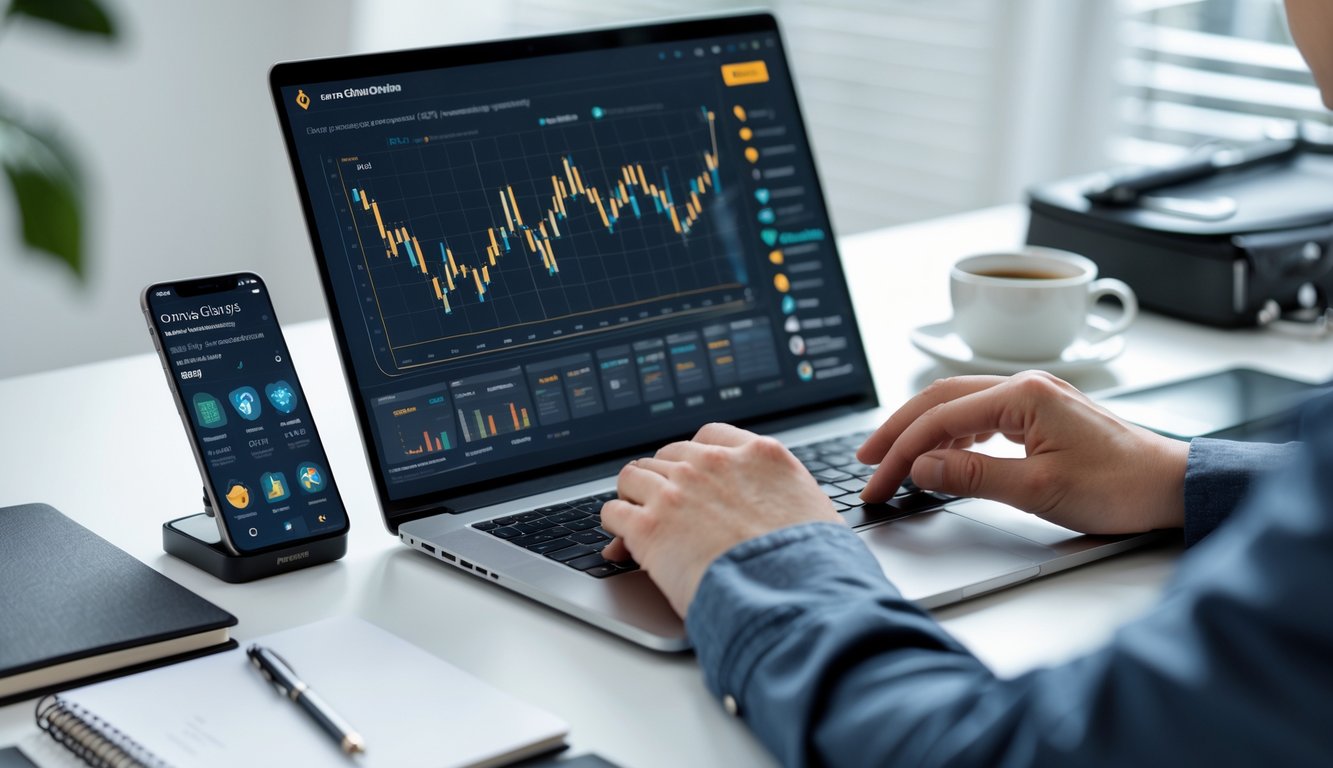 Seseorang sedang menggunakan laptop dan ponsel di meja kerja dengan grafik dan permainan kartu digital di layar.
