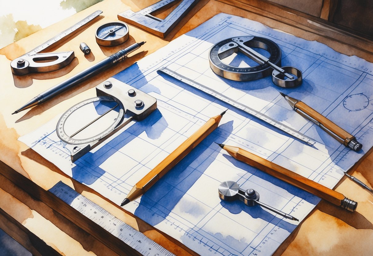 Radni stol s posebnim papirom za tehničke crteže i priborom za crtanje poput šestar, tehničkih olovaka i ravnala.