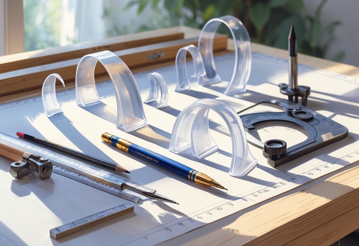 Komplet krivuljara i pribor za tehničko crtanje raspoređeni na radnom stolu.
