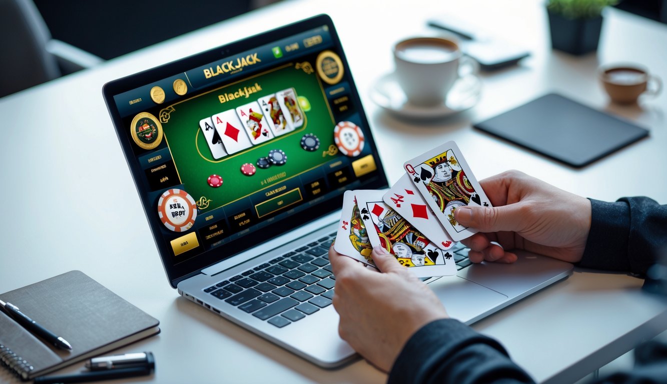 Seorang pemain sedang bermain blackjack online di depan laptop dengan kartu dan chip di meja, menunjukkan suasana fokus dan serius.