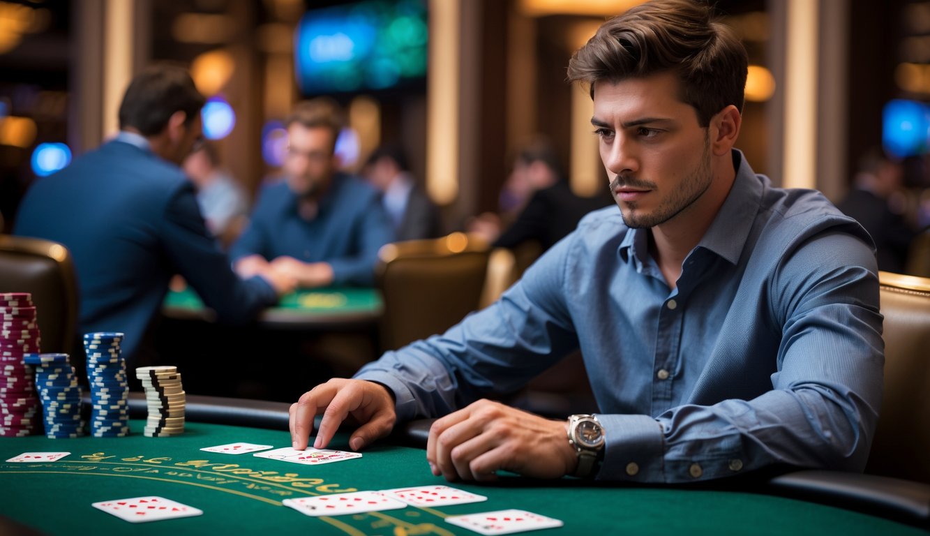 Seorang pria muda duduk di meja blackjack kasino, fokus memeriksa kartu dan tumpukan chip di depannya.