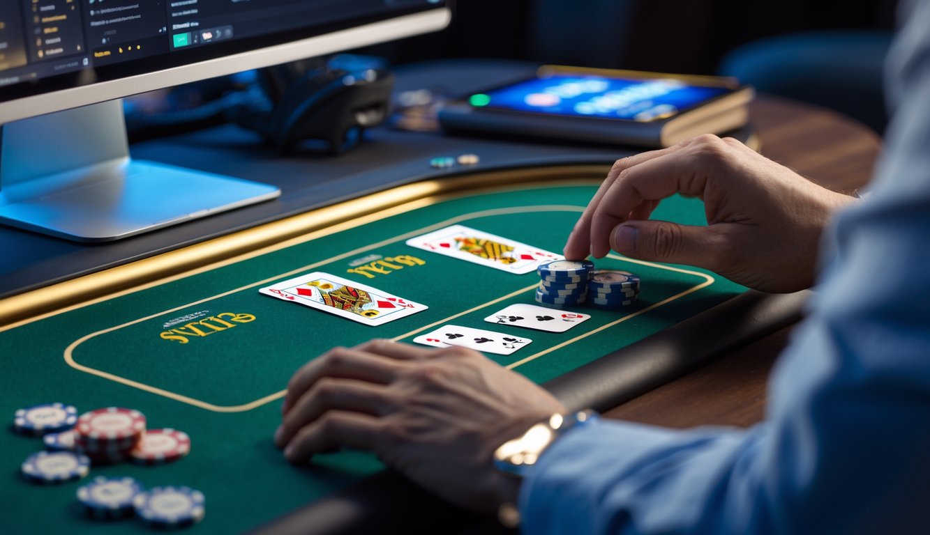 Seseorang sedang bermain blackjack online di depan komputer dengan kartu dan chip terlihat di layar.