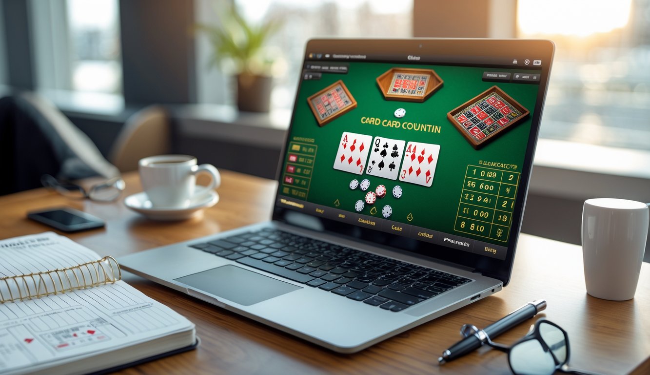 Seorang pemain blackjack online sedang menganalisis kartu di laptop dengan buku catatan dan alat tulis di meja kerja.