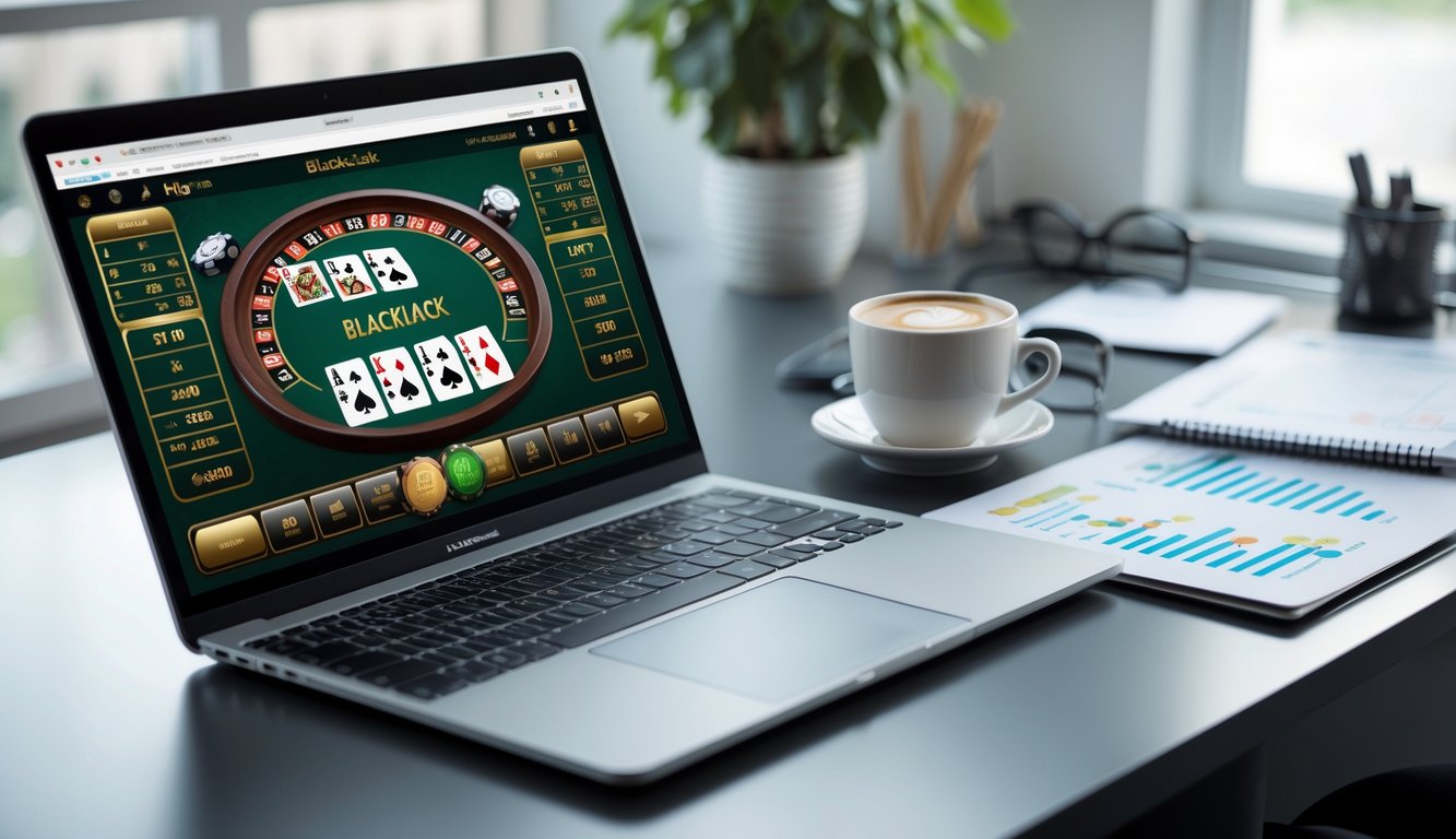 Seorang pemain blackjack online menggunakan laptop dengan tampilan permainan dan grafik analisis di meja kerja yang rapi.
