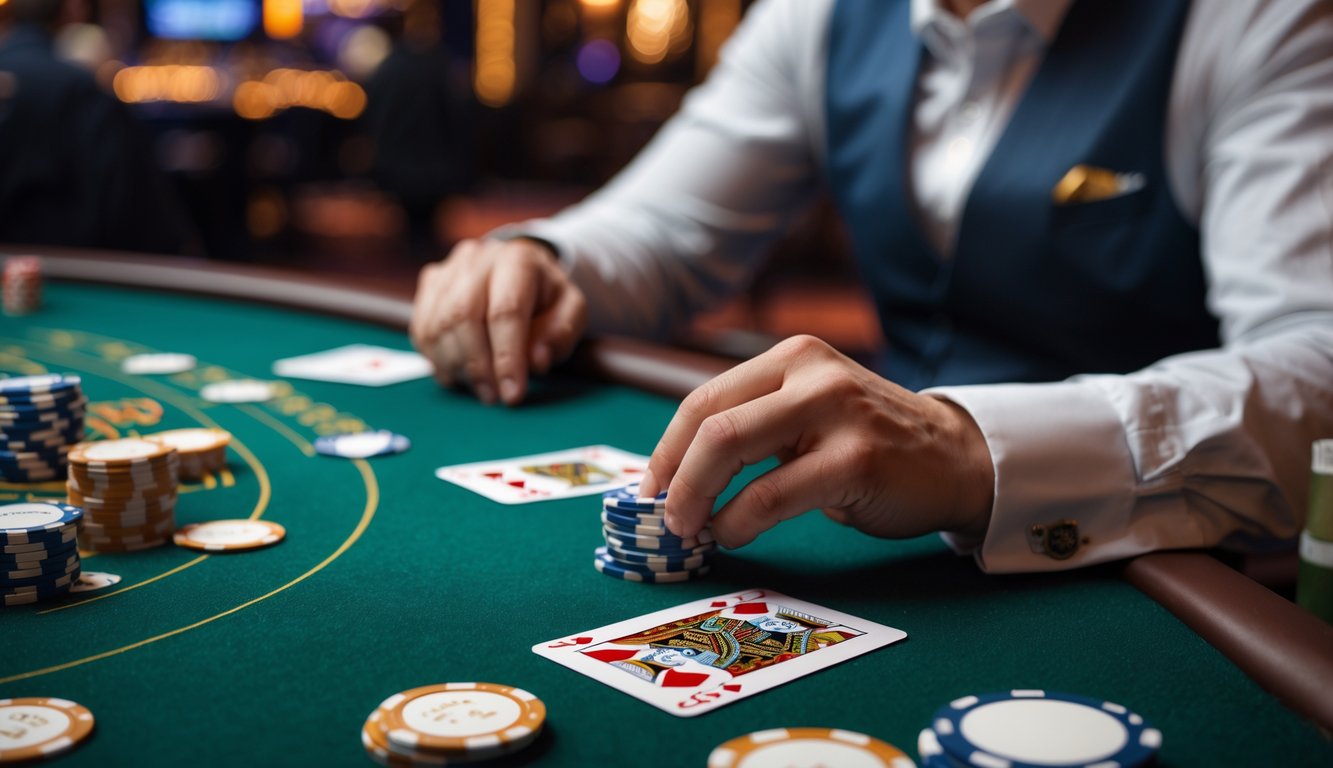 Seorang pemain blackjack berpengalaman sedang fokus bermain di meja kasino dengan kartu dan chip taruhan.