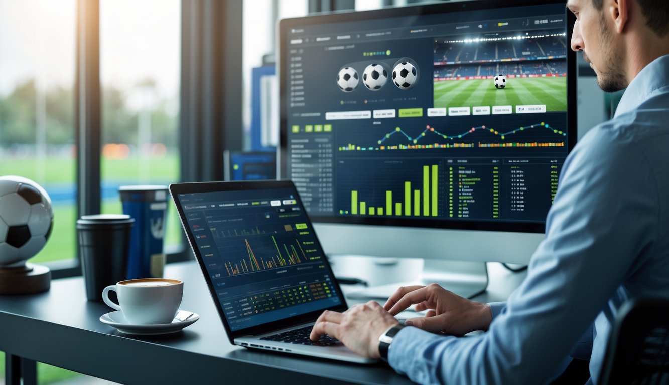 Seseorang sedang menganalisis data pertandingan sepak bola di depan komputer dengan grafik dan statistik di layar.