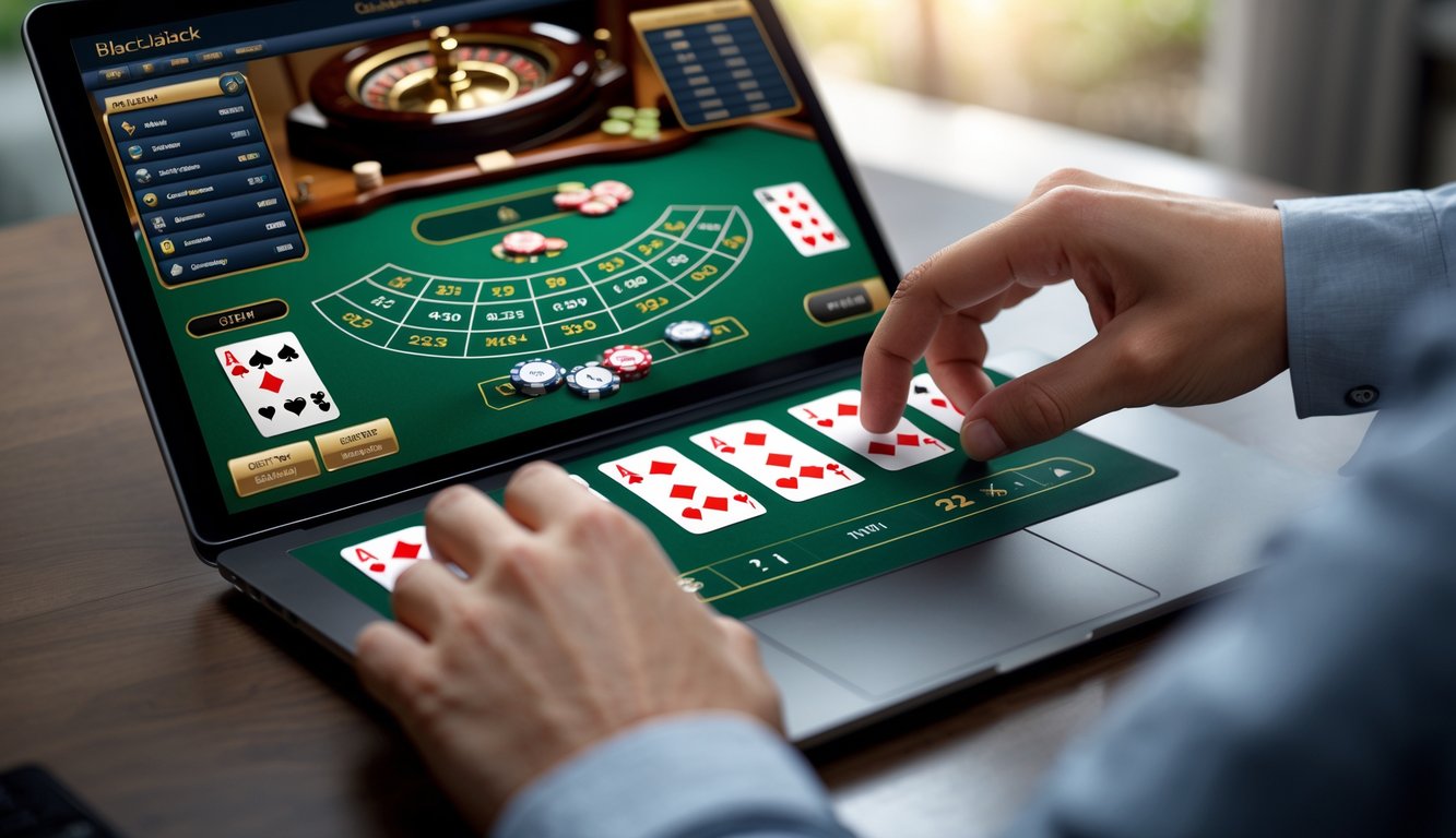 Tangan seseorang sedang bermain blackjack online di depan layar komputer dengan kartu dan chip terlihat jelas.