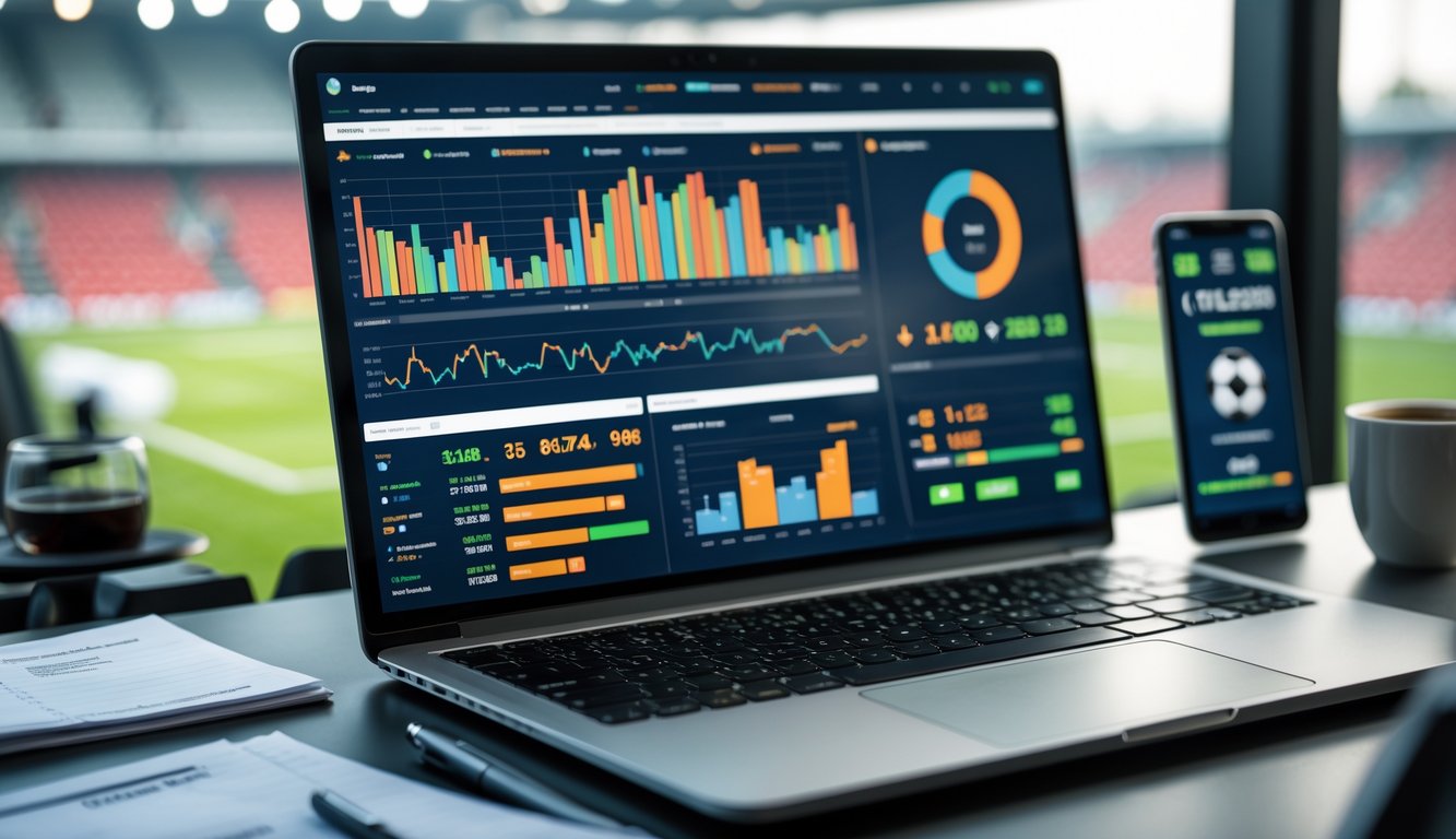 Seorang analis bekerja dengan laptop yang menampilkan grafik statistik tim sepak bola dan prediksi taruhan online di meja kerja yang rapi.