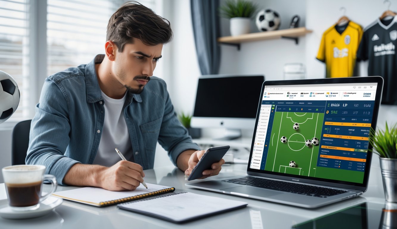Seorang pria muda sedang fokus menganalisis data taruhan sepak bola online di laptop di ruang kerja modern.