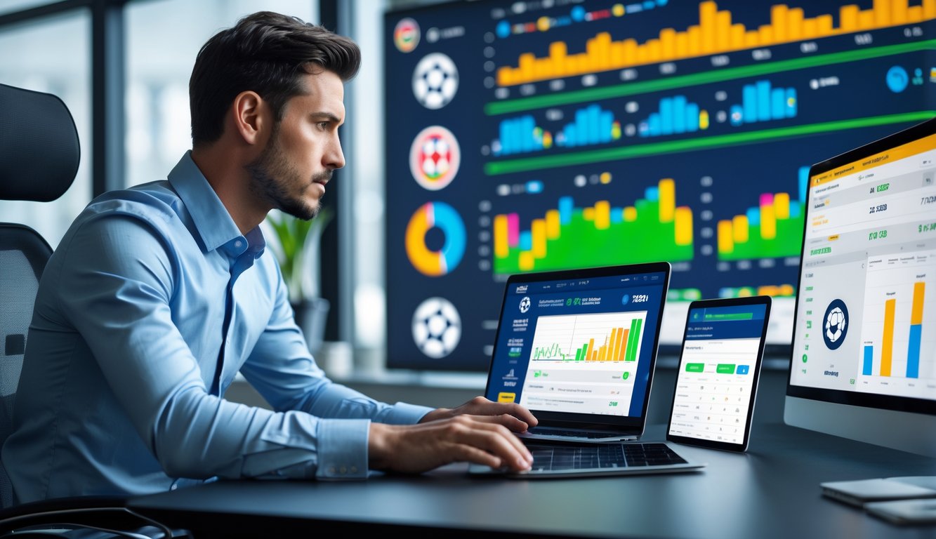 Seorang pria fokus menganalisis data performa klub sepak bola di beberapa layar digital di kantor modern.