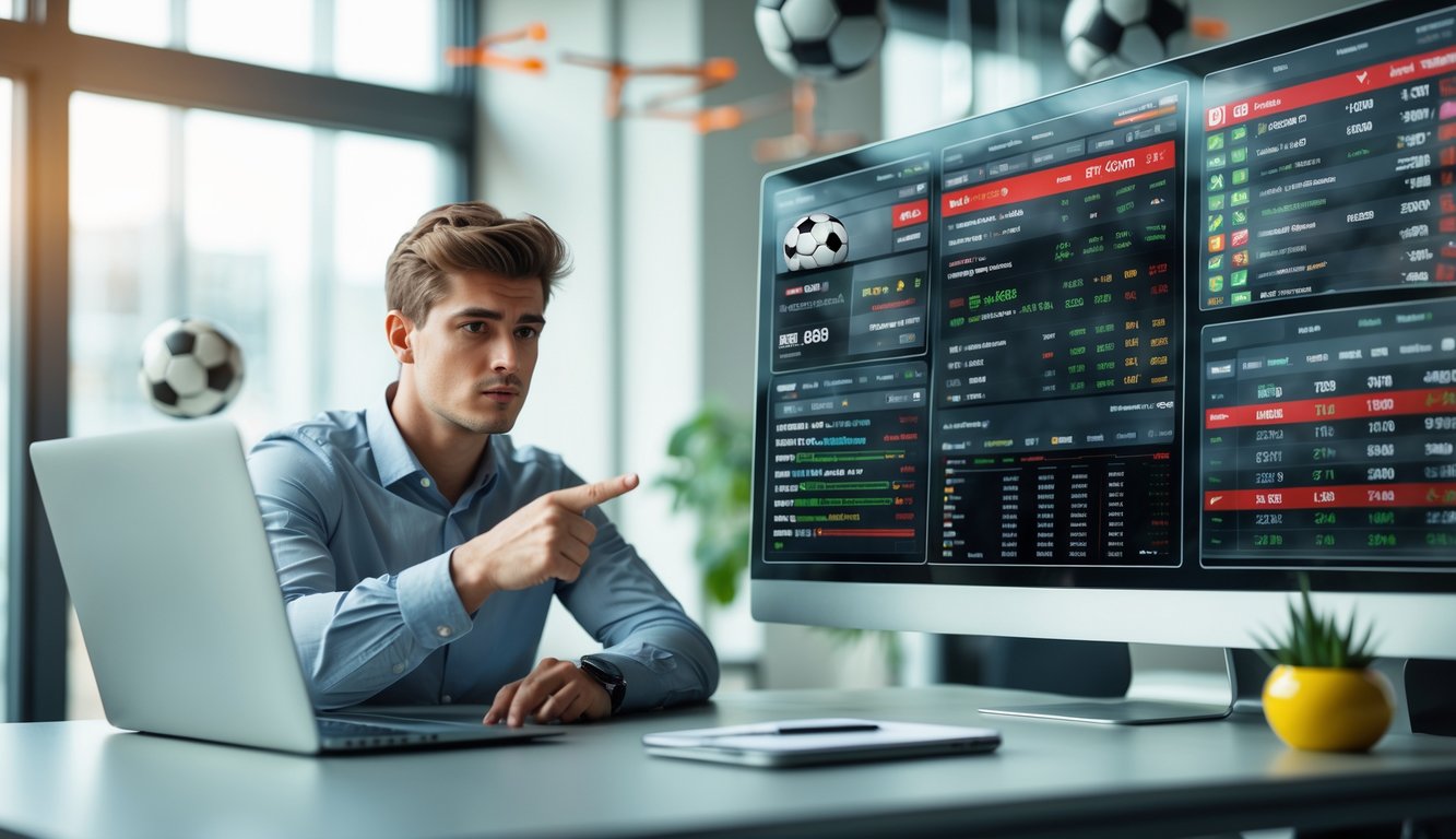 Seorang pria muda sedang menganalisis data taruhan sepak bola di beberapa layar komputer di kantor modern.