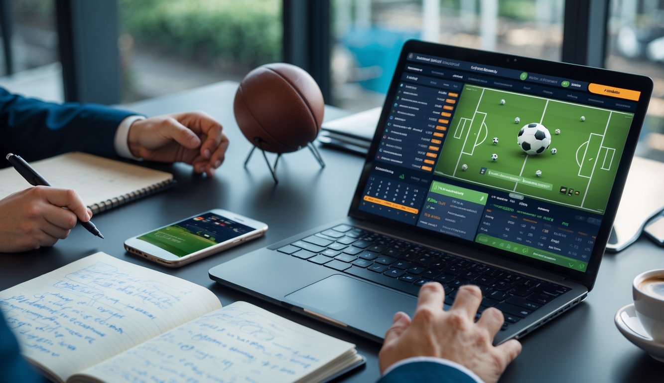 Seseorang sedang menyusun strategi taruhan judi bola online dengan laptop, ponsel, dan catatan di meja kerja.