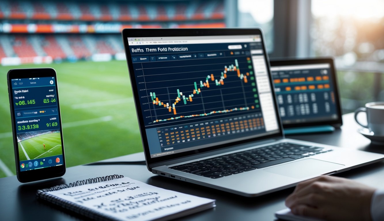 Sebuah meja kerja dengan laptop yang menampilkan statistik pertandingan sepak bola dan grafik tren, ponsel dengan skor langsung, catatan dengan tulisan tangan, dan cangkir kopi.