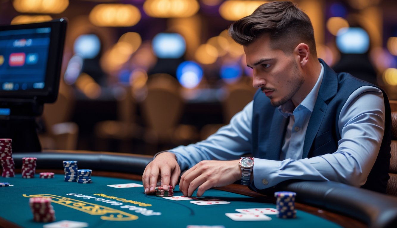 Seorang pemain poker pria yang fokus duduk di meja poker dengan tumpukan chip dan kartu bermain, terlihat serius dan sedang menganalisis kartu di depan laptop.